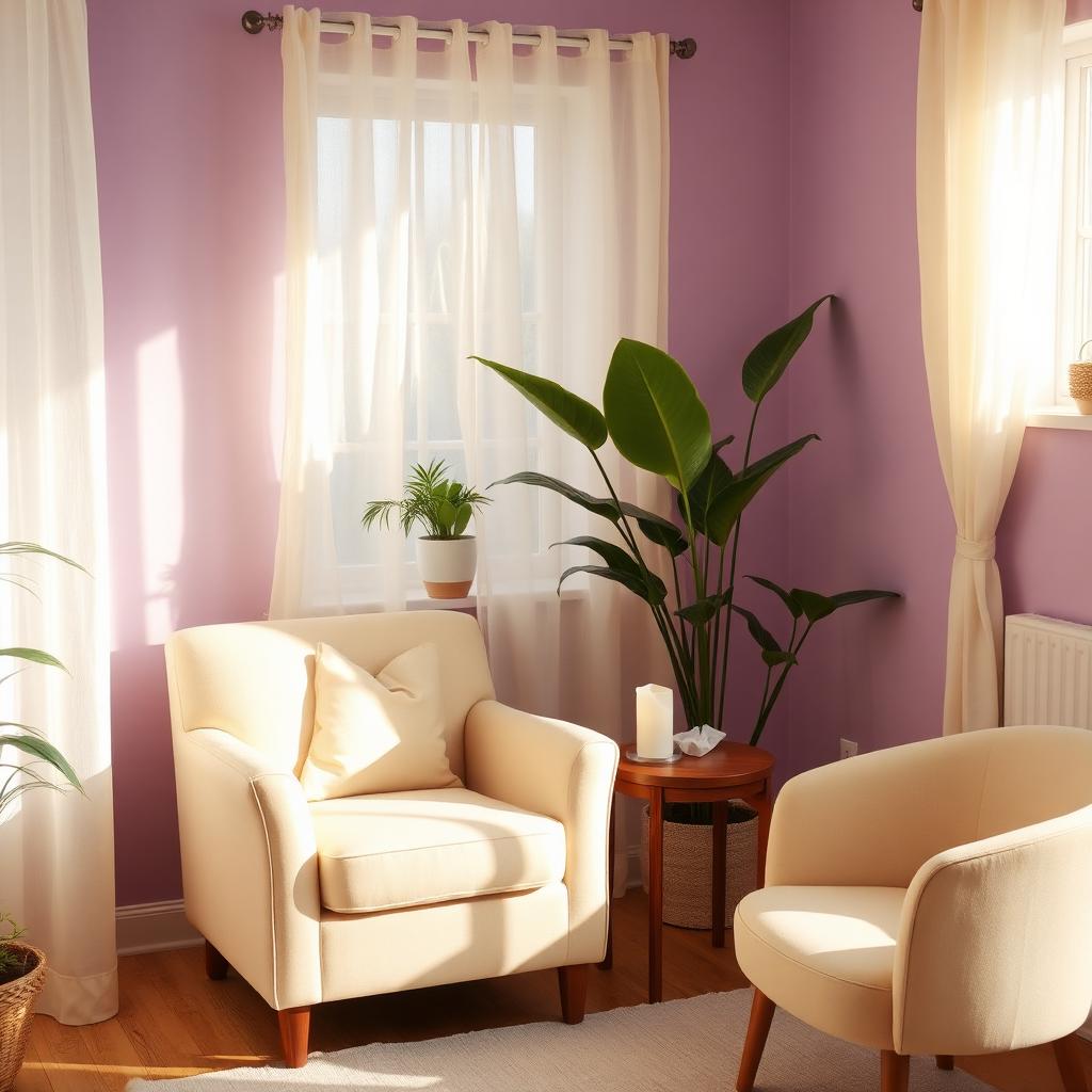 A calm therapy room with cream armchair